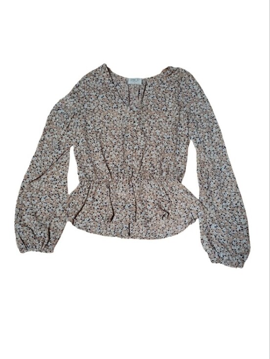 Sienna Sky Tops - Sienna Sky Beige Floral Peplum Blouse with Balloon Sleeves